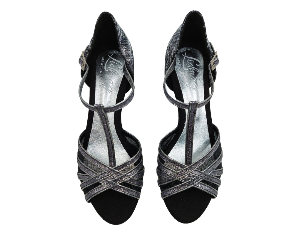 705 Tanzschuhe in Silber & Schwarz von Dancing Queens mit T-Riemen-Design und Schnalle, auf weißem Hintergrund.